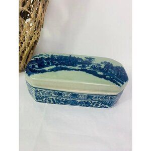 Vintage Ceramic Ironstone Blue Transfer Ware Box with Lid